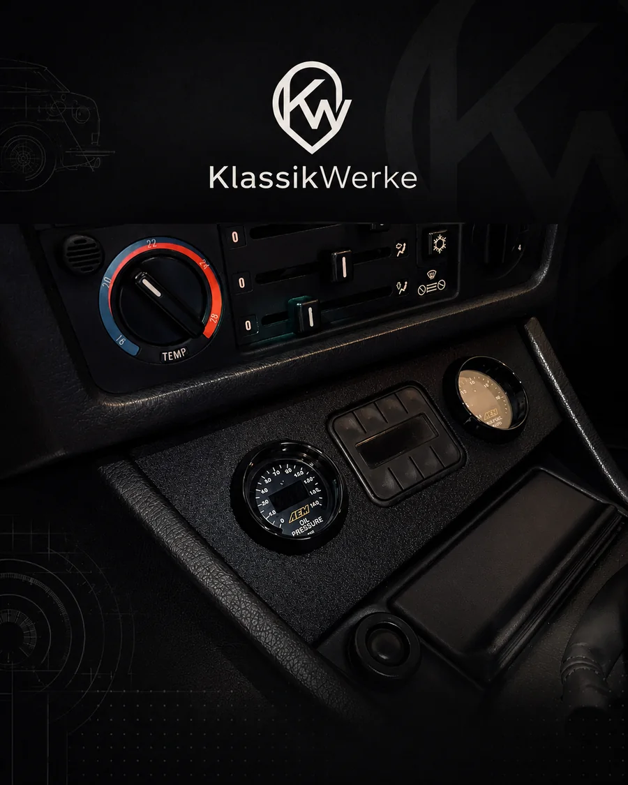 BMW E30 center console mount with AEM gauges and Air Lift Performance V2 controller